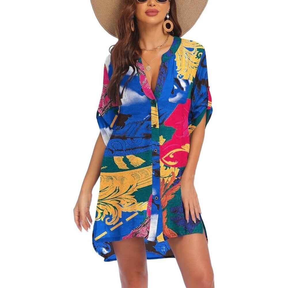 Women's sky Blue 100% Polyester V-Neck Button Down Bathing Swimsuit Beach Shirt